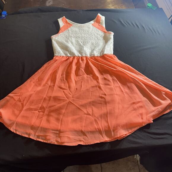 GB Girls white lace top and coral/orange chiffon bottom fit-and-flare dress - Picture 1 of 7